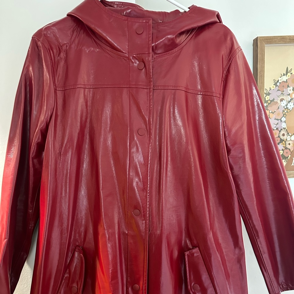 ZARA ruby red patent leather trench/rain coat with pockets and hood.